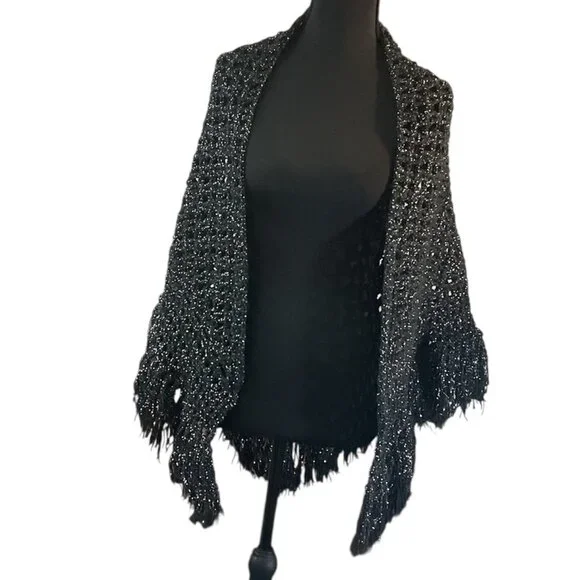 Vintage Handmade Black Crochet Shawl with Silver Highlights - Picture 2 of 16
